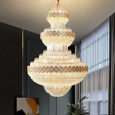 Living Room Headlight Duplex Crystal Chandelier Crystal Lamp Hollow European Villa Hotel Chandelier Staircase Hanging Lighting