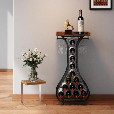 Holder Stand Liquor Cabinet with Glass Holder Wood Tabletop 14 Bottles Floor Wine Storage for Home Bar Kitchen Dining LivingRoom