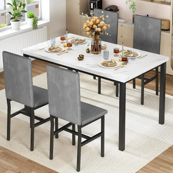 Dining Table Set for 4, Modern Kitchen Table and Chairs Space Saving  with Faux Marble 5 Piece Dining Room Table Set Furniture