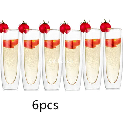 6Pcs Double Wall Glass Cup Champagne Glasses Set Stemless Sparkling Wine Glasses Transparent Wine Flute for Wedding