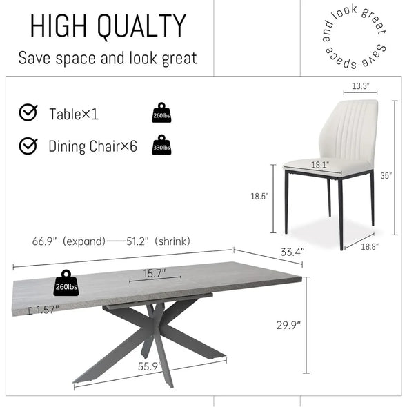 6-8 People Modern Dining Table Rectangular Space-Saving (Gray Table + 6 White Chairs) Table and Chair Set