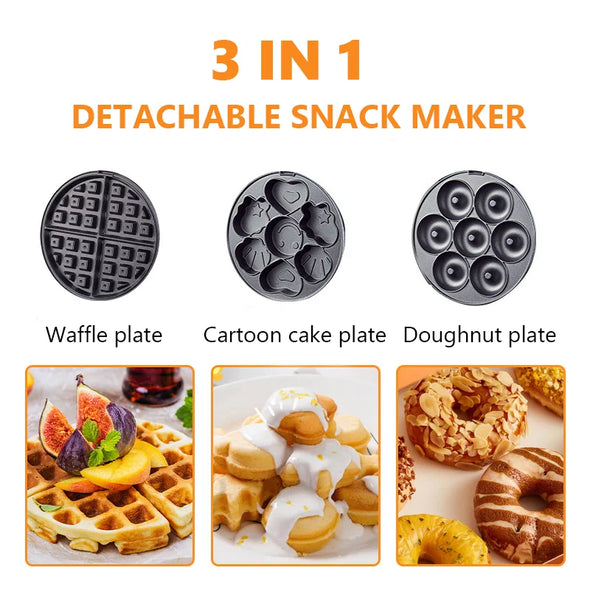 3 In 1 Waffles Maker 3 Non-Stick Removable Plates Waffle Donuts Egg Cake Oven Pan Multifunction Breakfast Snacks Cooking Machine