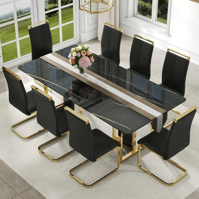 Dining Table Set for 8,with 1.8-inch Thick Faux Marble Table Top＆8 Pu Leather Upholstered Chairs,dinning tables sets