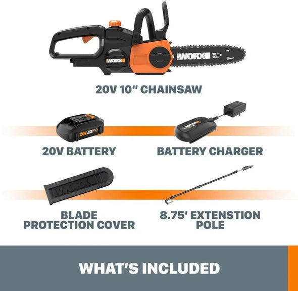 Worx WG323 20V Power Share 10" Cordless Pole/Chain Saw with Auto-Tension (Battery & Charger Included)