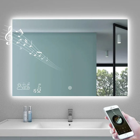 Smart Bathroom Mirror with Bluetooth Wi-Fi Enabled Weather Display, Fog Free,LED Light Vanity Mirror Lighted Touch Sensor Makeup