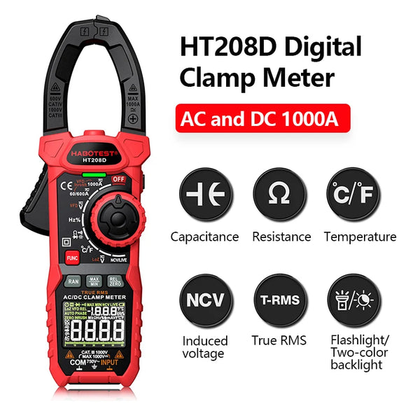 HT208A/D AC/DC Digital Clamp Meter Meter Multimeter Pinza Amperimetrica True RMS High Precision Capacitance NCV Ohm Hz Tester