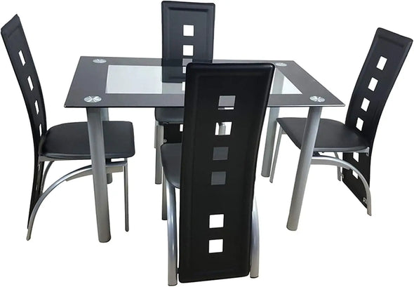 5-Piece Dining Table Set with 1 Glass Dining Table and 4 PVC Chairs Modern Dining Table Set for Kitchen & Breakfast