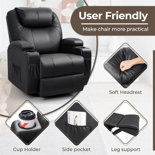 2024 New Rocker Recliner Chair with Massage and Heat for Elderly, Leather Adjustable 360°Swivel Rocking Sofa for Living Room