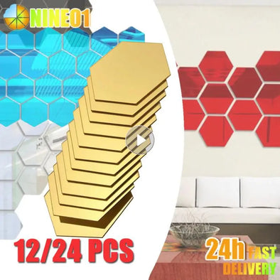 24/12pcs Mirror Wall Sticker Hexagon Wall Art Sticker DIY Household Decorative Tiles Sticker SELF adhesive Decorative Mirrors