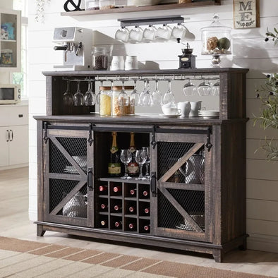 Farmhouse Coffee Bar Cabinet with LED Lights, 55" Sideboard Buffet Table w/Sliding Barn Door & Wine and Glass Rack