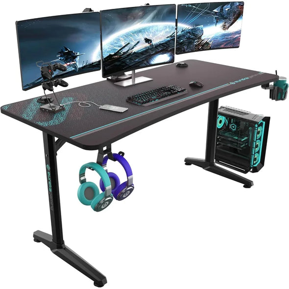 60 Inch Gaming Desk with Full Mouse Pad, Large Home Office Curved Computer Desk for 3 Monitors with Cup Holder