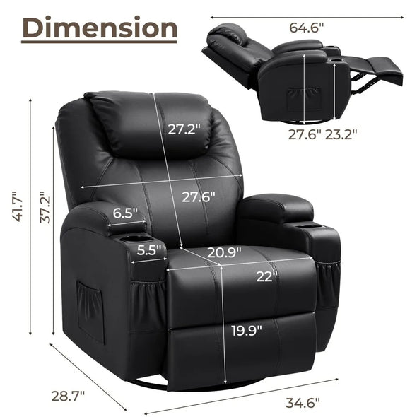 2024 New Rocker Recliner Chair with Massage and Heat for Elderly, Leather Adjustable 360°Swivel Rocking Sofa for Living Room