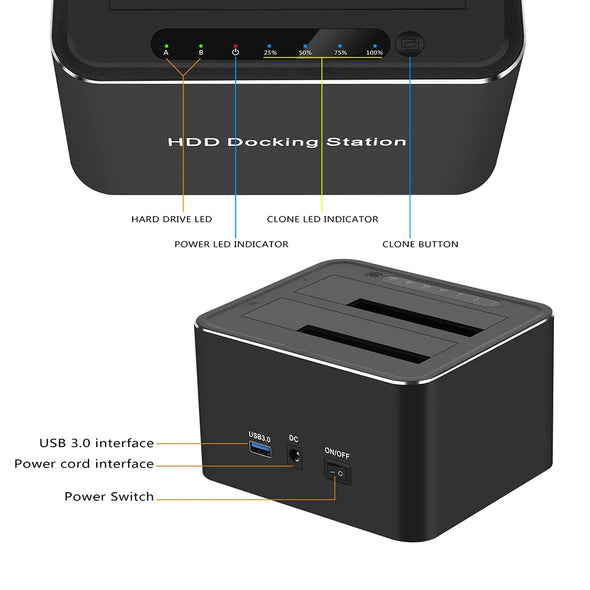 2 Bay 2.5 3.5 inch Hard Drive Docking Station USB3.0 to SATA HDD Case Dual HDD Dock Support 32TB Mobile HDD Enclosure