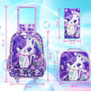 3PCS Rolling Backpack for Girls Kids Roller Wheels Bookbag with Lunch Bag Purple Cat Pattern Design Glow-in-the-Dark Function