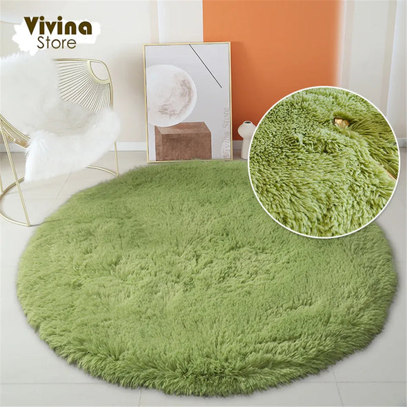 Round Plush Carpet For Living Room Green Shaggy Rug For Sofa Chair Long Hair Floor Mat Bathroom Decoration  Kids Rug Fluffy