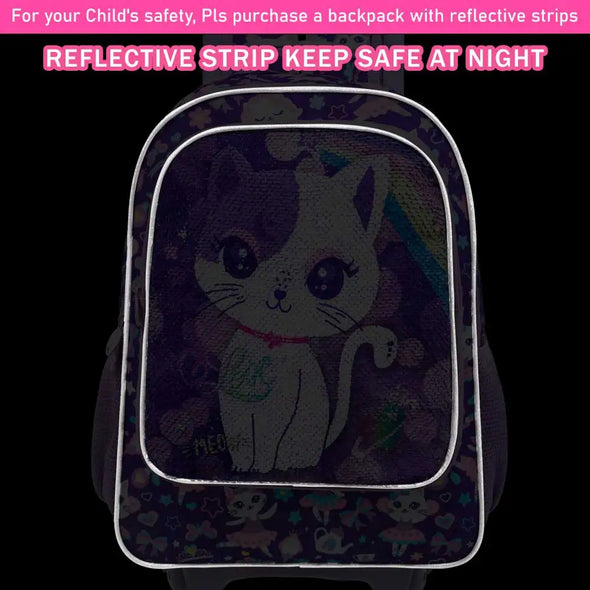 3PCS Rolling Backpack for Girls Kids Roller Wheels Bookbag with Lunch Bag Purple Cat Pattern Design Glow-in-the-Dark Function