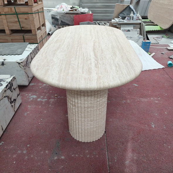 Customized Cava Fluted Oval Beige Travertine Dining Table Living Room Stone Furniture Travertine Dining Table