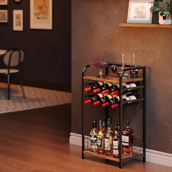 3-Tier Wine Bar Table: Small Liquor Bottle Holder with 8-Bottle Wine Rack Mini Wine Bar Cabinet Corner Whiskey Display Shelf