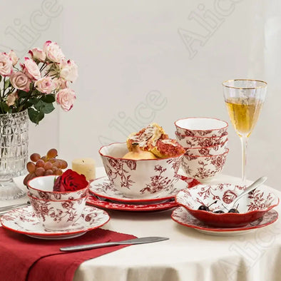 Nordic Vintage Rose Dishes and Plates Sets American Style Red Flowers Ceramic Plate Rice Bowl Soup Bowls Household Tableware