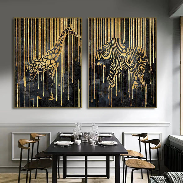 Black Golden Wall Art Canvas Painting Abstract  Lines Artwork Tiger Lions Elephant Animal Poster Prints Pictures For Home Decor