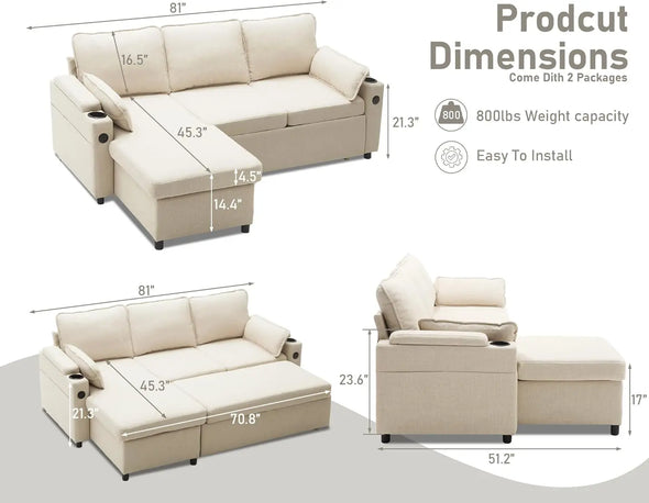 Pull Out 2 in 1 Sectional Sleeper Sofa Bed with Storage,USB, Cup Holder,Pullout Sectional Couches for Apartment Living Room