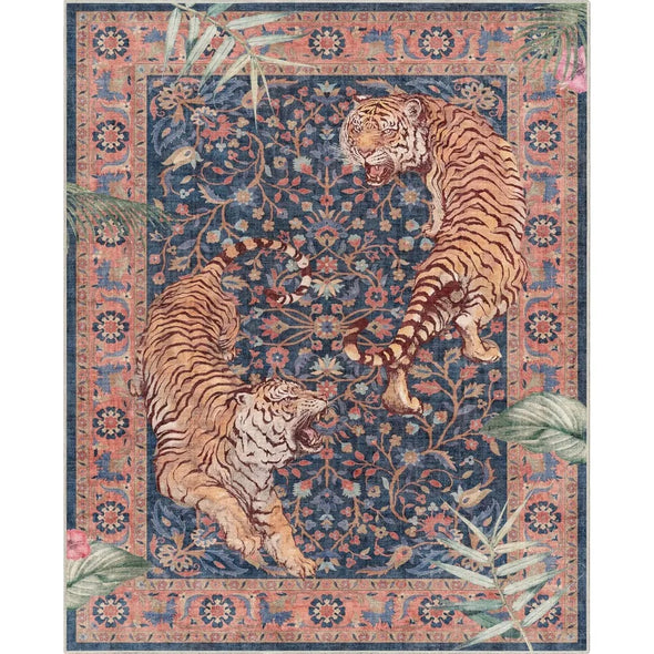 Apollo Botanical Tiger Navy Washable Rug – Dining Room & Bedroom, 5'3" x 7'3", Durable