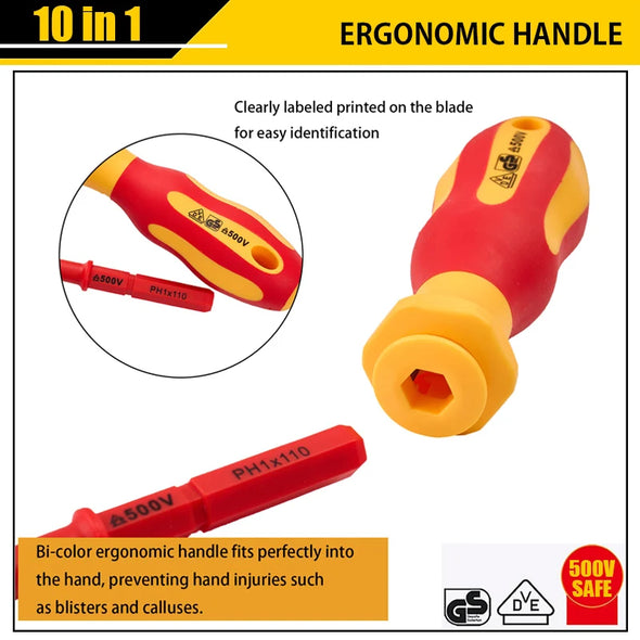 10Pcs Interchangeable Blade VDE Insulated Screwdriver Set with Case Magnetic 500V Home and Professional Use Electricians Tools