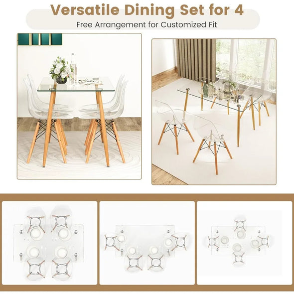 Glass Dining Table Set for 4, Modern Tempered Glass Kitchen Table and Chairs, Glass Dining Room Table Set for Small Living Room