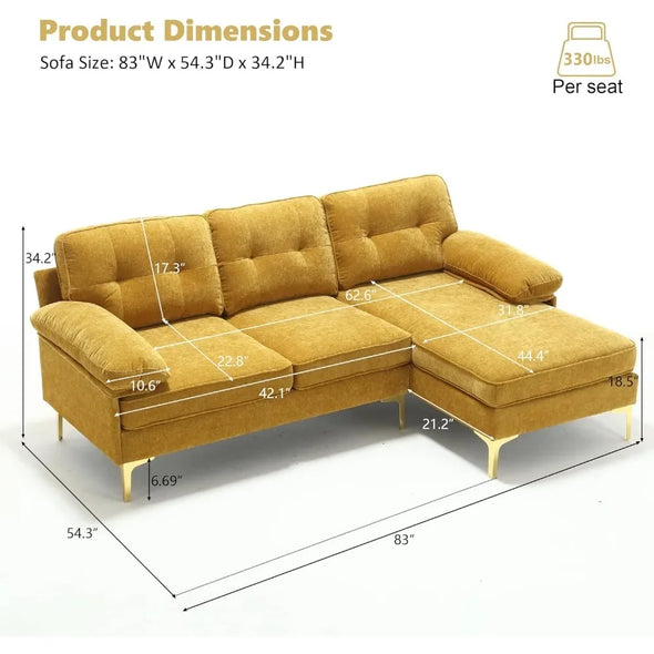 83" Convertible L Shaped Sofas with Chaise Sleeper, Removable Cover for Small Spaces Bedroom, Living Room Sofas