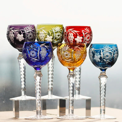 Antiques multi colored and hand cut glass crystal hock glass wine glasses with cut stem and base Home Bar Decor