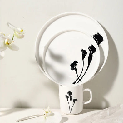 Ceramic Dinner Plates and Mug Set, Creative Flower Dinnerware, Black and White, Modern Dinnerware