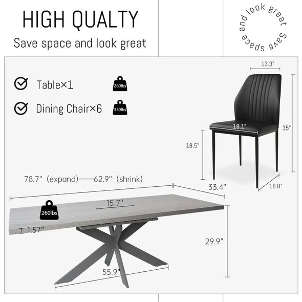 6-8 person expandable metal frame wooden rectangular dining table and 6 cushioned chairs for free delivery