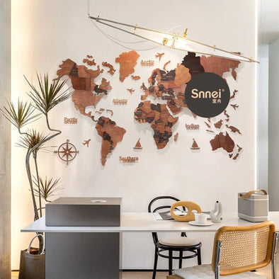 3D Solid Wood Splicing World Map Wall Decoration, Three-Dimensional Crafts, Living Room Background, Office Pendant