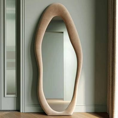 Full Length Mirror, 63" X 24",Irregular Wavy Mirror Hanging, Flannel Wrapped Wooden Frame Floor Mirrors