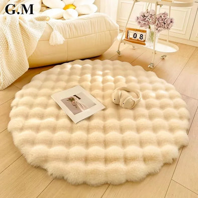 Beige Plush Bubble Coral Velvet Round Rug,Modern Faux Rabbit Fur Living Room Area Rugs,bedroom Bedside Washable Fluffy Floor Mat