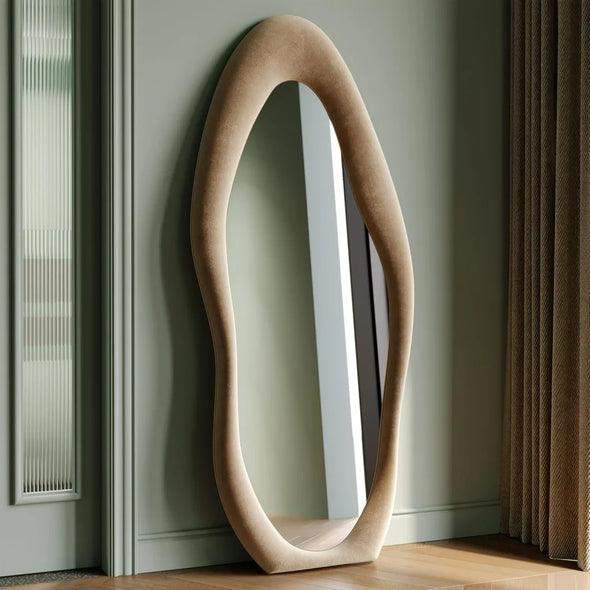 Full Length Mirror, 63" X 24",Irregular Wavy Mirror Hanging, Flannel Wrapped Wooden Frame Floor Mirrors