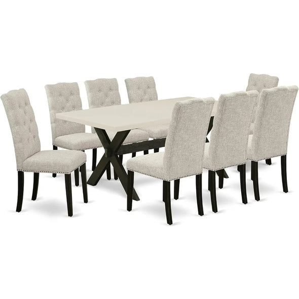 9-Pc Modern Dining Table Set - Small Kitchen Table Rectangular Top - 8 Beautiful Parson Chairs Linen Fabric Seat and Back