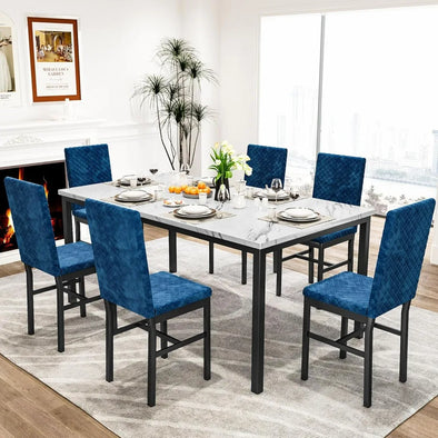 Dining Table Set, 7 Piece Large Modern Kitchen Table and Chairs with Metal Frame, Dining Room Table Set with 6 Velvet Chairs