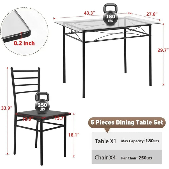 Kitchen dining table and chairs 5-piece set, classic dining table set, glass top table and 4 rectangular chairs with metal legs