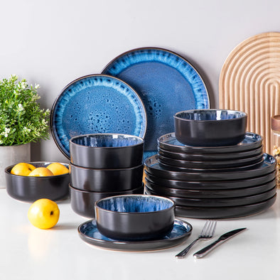 vancasso 18/24PCS Black Ceramic Plate Sets Mediterranean Blue Stoneware Dinner Set with 6PCS Dinner Plate/Dessert/Bowl/Soup