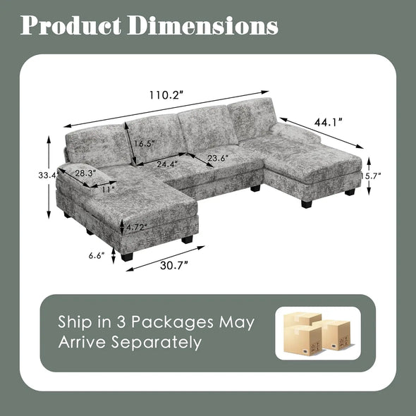 Convertible Sectional Sofa Couch, 4 Seat Sofa Set for Living Room U-Shaped Modern Fabric Modular Sofa Sleeper with Double Chais