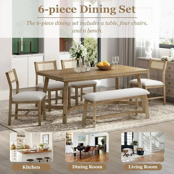 Wood Dining Table Set for 6 with 4 Chair & Bench， Kitchen Table and Chairs，Household dining table set