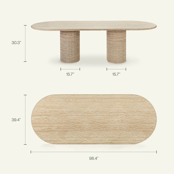 Customized Cava Fluted Oval Beige Travertine Dining Table Living Room Stone Furniture Travertine Dining Table