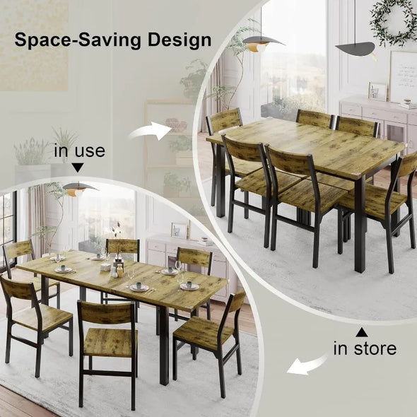 63" Kitchen Table Set with 6 Chairs, 7-Piece Extendable Dining Table Set for 4-6, Mid-Century Modern Dining Room Desk