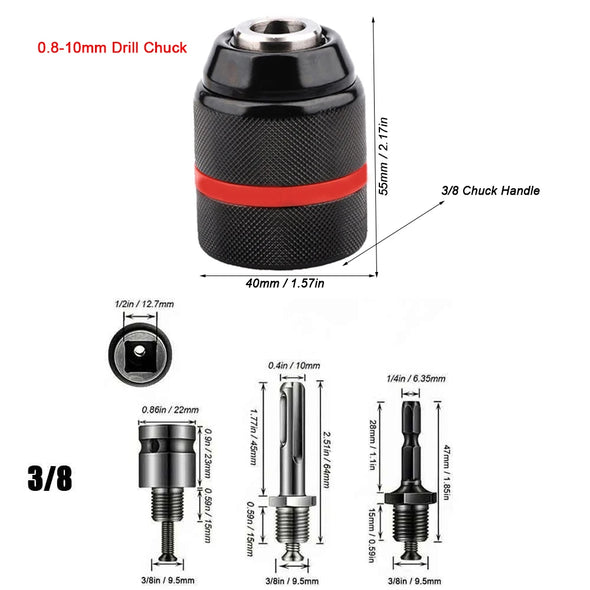 0.8-10mm Threaded Keyless Metal Drill Chuck, Hex Shank/SDS/Square Quick Grip Adapter, Chuck for Drill Bit Screwdriver Tap&Socket